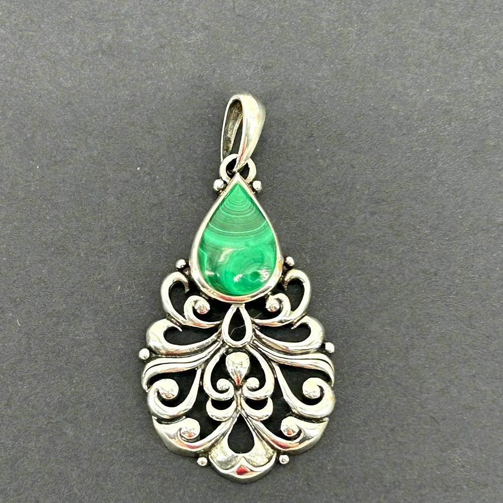 Vintage 925 Sterling Silver Malachite Teardrop Stone Filigree Pendant Thailand